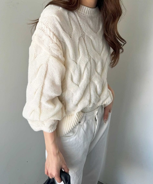 nelliy.（ネルリー）の「カラーケーブルニット（ニット/セーター・レディース・レッド/アイボリー・MEDIUM）」の7枚目の写真