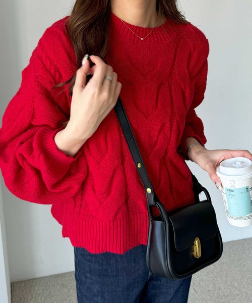 nelliy.（ネルリー）の「カラーケーブルニット（ニット/セーター・レディース・レッド/アイボリー・MEDIUM）」の10枚目の写真