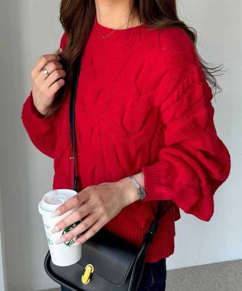 nelliy.（ネルリー）の「カラーケーブルニット（ニット/セーター・レディース・レッド/アイボリー・MEDIUM）」の11枚目の写真