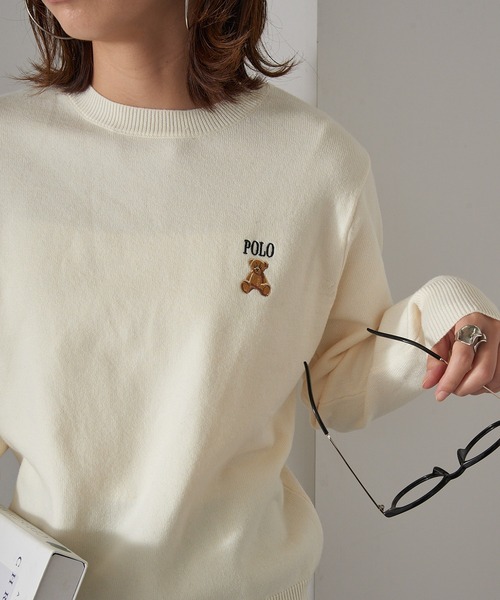 poloベアー刺繍クリーム色コットンニットセーター セール】【POLO BCS】ZOZO限定商品 ワンポイントベア コンパクトクルー
