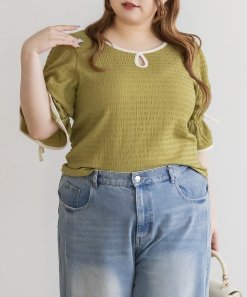 CLETTE(クレット)の「CLETTEオリジナル配色デザインキャンディスリーブプルオーバー(Tシャツ/カットソー・レディース・グリーン/オフホワイト/ブラック・4L/3L/LL)」の3枚目の写真