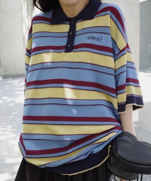MULTI BORDER LOGO KNIT POLO TOP アメリ MULTI BORDER LOGO KNIT POLO TOP