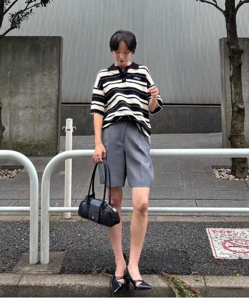 こ*ま様 MULTI BORDER LOGO KNIT POLO TOP ブラッ MULTI BORDER LOGO KNIT POLO TOP（Tシャツ/カットソー）｜Ameri