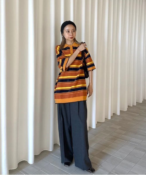 新品　ameri MULTI BORDER LOGO KNIT POLO TOP MULTI BORDER LOGO KNIT POLO TOP