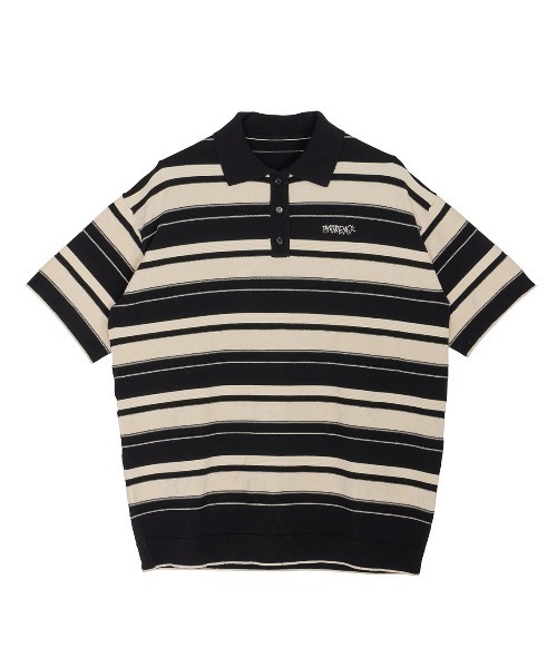 こ*ま様 MULTI BORDER LOGO KNIT POLO TOP ブラッ MULTI BORDER LOGO KNIT POLO TOP