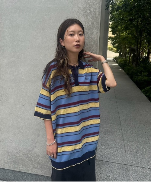 こ*ま様 MULTI BORDER LOGO KNIT POLO TOP ブラッ MULTI BORDER LOGO KNIT POLO TOP