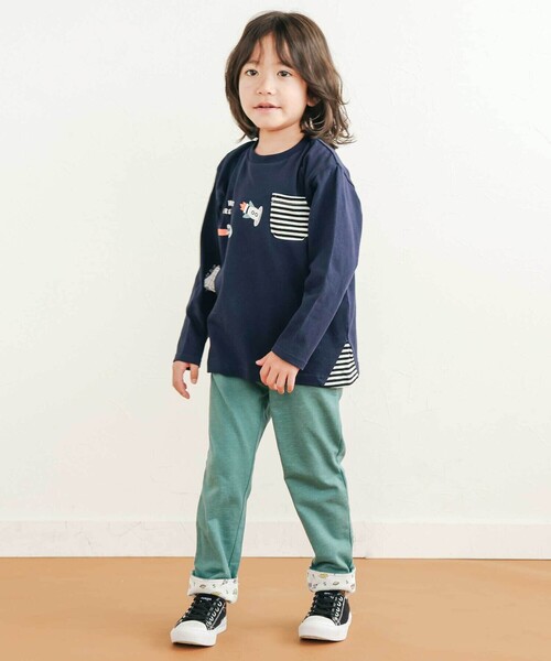 SLAP SLIP(スラップスリップ)の「はたらくくるま恐竜ロケットプリントポケット付き長袖Tシャツ(80~130cm)(Tシャツ/カットソー・キッズ・オフホワイト/グリーン/ネイビー・120cm/110cm/80cm/100cm/90cm/130cm)」の5枚目の写真