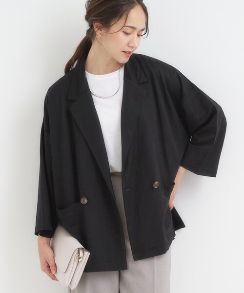 SHOO・LA・RUE(シューラルー)の「【S-LL/ひんやり】さらっとしたタッチが心地よい ダブルブレストジャケット(テーラードジャケット・レディース・ダークブラウン/ブラック・01/02/03/04)」の1枚目の写真