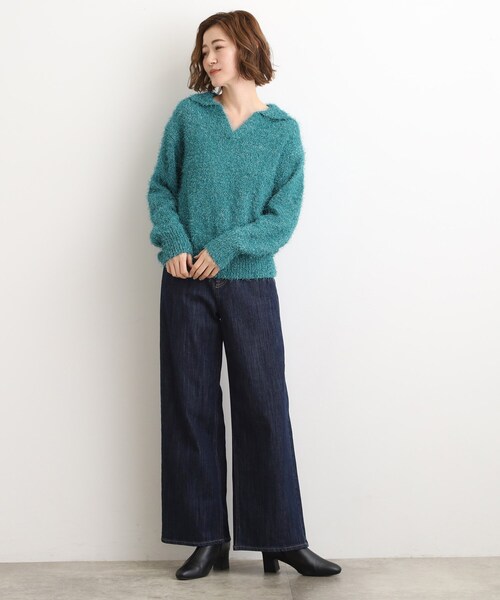 セール】ラメフェザーヤーン オープンカラーニット（ニット