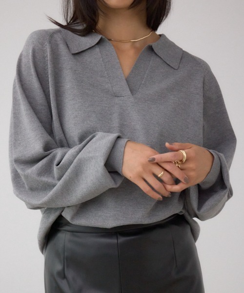 AZUL by moussy（アズールバイマウジー）の「ポロカラーフォルムニットプルオーバー（ニット/セーター・レディース・杢グレー/アイボリー/ブラック/ダークブルー・FREE）」の4枚目の写真