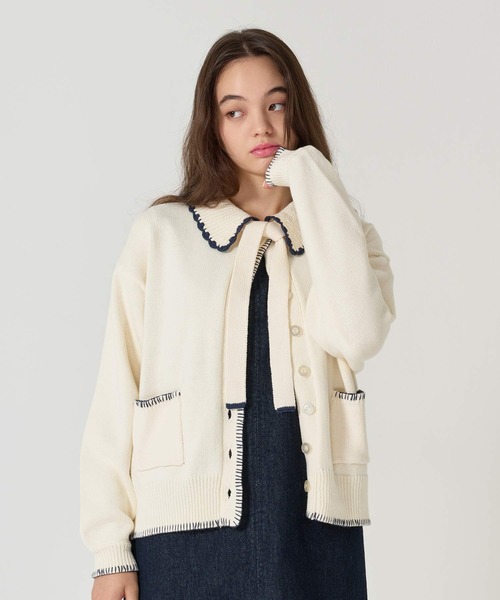 TINA：JOJUN（ティーナジョジュン）の「ハンドステッチ ニットジャケット TINA：JOJUN（その他アウター・レディース・アイボリー/プラム/グレー・M）」の2枚目の写真