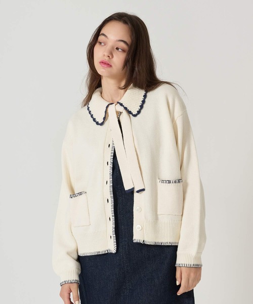 TINA：JOJUN（ティーナジョジュン）の「ハンドステッチ ニットジャケット TINA：JOJUN（その他アウター・レディース・アイボリー/プラム/グレー・M）」の4枚目の写真