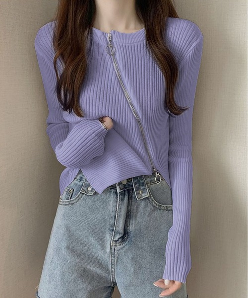 INASTUDIOS(イーナストゥディオス)の「フロントジップ リブニットカットソー レディース(Tシャツ/カットソー・レディース・ブラック/パープル/ピンク/グレー/ブルー/ホワイト・FREE)」の6枚目の写真