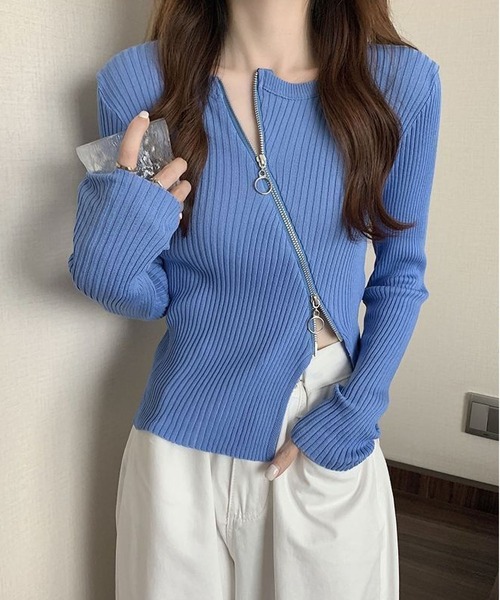 INASTUDIOS(イーナストゥディオス)の「フロントジップ リブニットカットソー レディース(Tシャツ/カットソー・レディース・ブラック/パープル/ピンク/グレー/ブルー/ホワイト・FREE)」の5枚目の写真