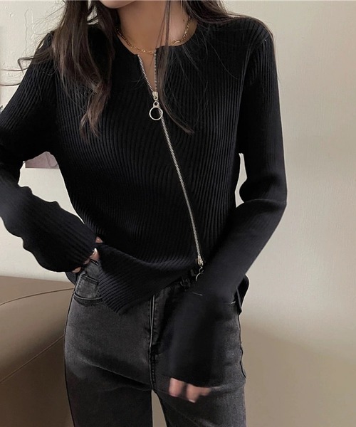 INASTUDIOS(イーナストゥディオス)の「フロントジップ リブニットカットソー レディース(Tシャツ/カットソー・レディース・ブラック/パープル/ピンク/グレー/ブルー/ホワイト・FREE)」の17枚目の写真