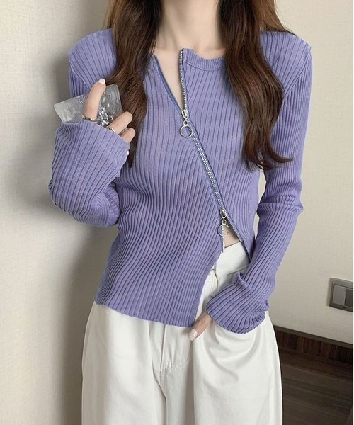INASTUDIOS(イーナストゥディオス)の「フロントジップ リブニットカットソー レディース(Tシャツ/カットソー・レディース・ブラック/パープル/ピンク/グレー/ブルー/ホワイト・FREE)」の18枚目の写真