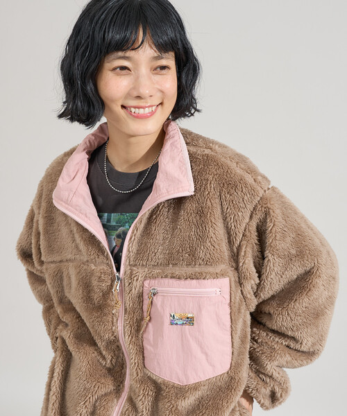 配色 リバーシブル ボアジャケット/裏ボア ナイロンブルゾン/ボア