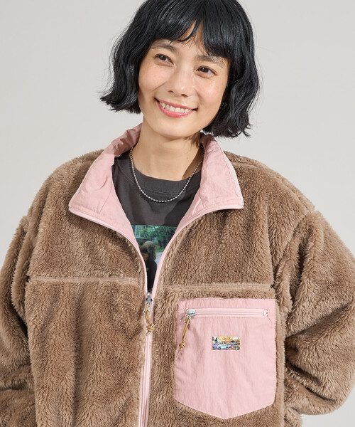 配色 リバーシブル ボアジャケット/裏ボア ナイロンブルゾン/ボア