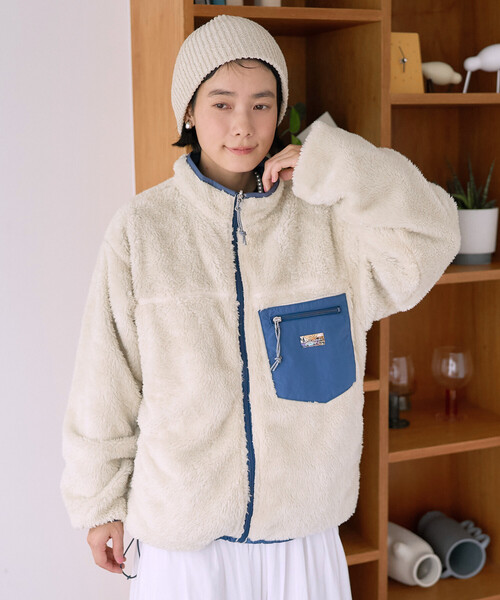 配色 リバーシブル ボアジャケット/裏ボア ナイロンブルゾン/ボア