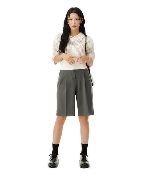 MUSINSA STANDARD WOMAN（ムシンサスタンダードウーマン）の「ウーマンズワイドバミューダ隠しバンディングハーフスラックス[ライトカーキ]（スラックス・レディース・その他・30/24/26/27/28/25/29）」の10枚目の写真