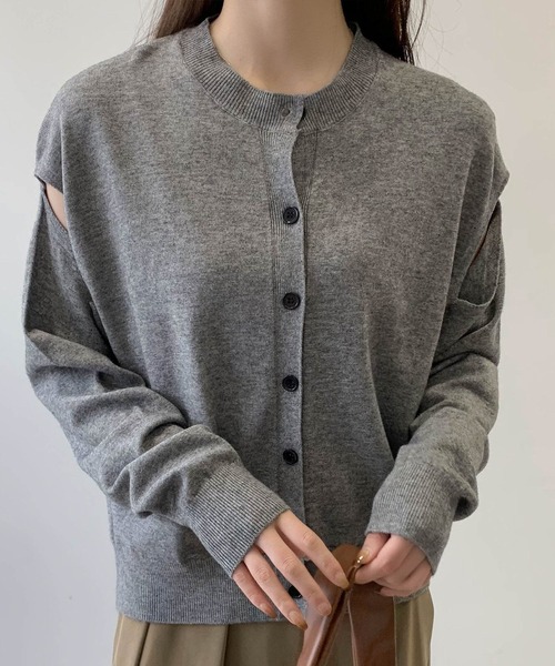 DAY CLOSET(デイ クローゼット)の「【程よい肌魅せでこなれ魅せ】長袖 開襟 カットアウトスリーブ ハイゲージ リブニット カーディガン レディース(カーディガン/ボレロ・レディース・グレー/ベージュ/ブラック・FREE)」の6枚目の写真