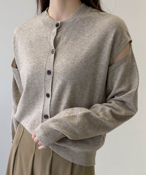 DAY CLOSET(デイ クローゼット)の「【程よい肌魅せでこなれ魅せ】長袖 開襟 カットアウトスリーブ ハイゲージ リブニット カーディガン レディース(カーディガン/ボレロ・レディース・グレー/ベージュ/ブラック・FREE)」の13枚目の写真