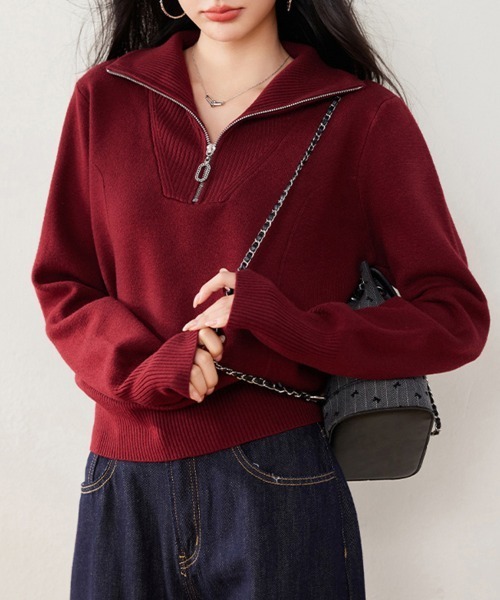 ONEP STAR(ワンピスター)の「ハーフジップリブニットトップス(ニット/セーター・レディース・オフホワイト/ネイビー/ワインレッド/ダークグレー・FREE)」の18枚目の写真