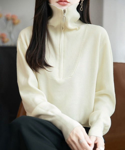 ONEP STAR(ワンピスター)の「ハーフジップリブニットトップス(ニット/セーター・レディース・オフホワイト/ネイビー/ワインレッド/ダークグレー・FREE)」の20枚目の写真