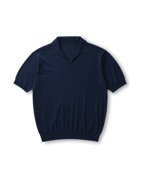 Navy V-neck collar short-sleeved knit 90% cotton cool knit