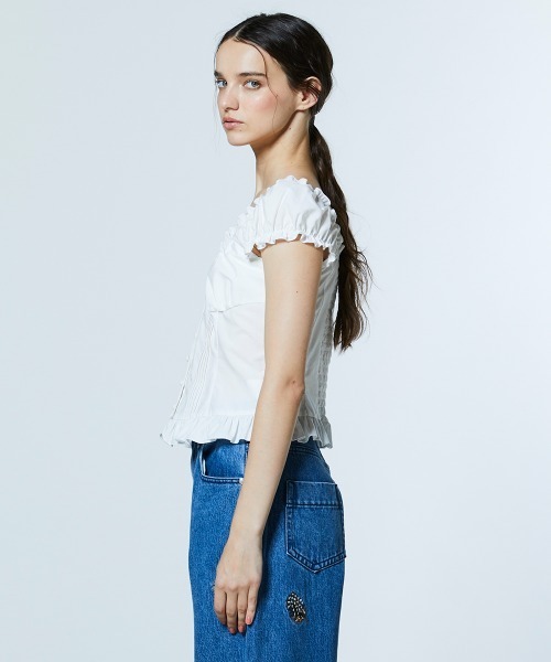 DOUBLE STANDARD CLOTHING(ダブルスタンダードクロージング)の「シャーリングオフショルトップス(シャツ/ブラウス・レディース・ブラック/オフホワイト・38/36)」の4枚目の写真