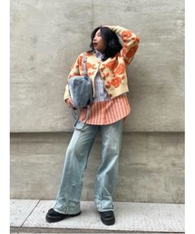 フラワープリント切替ストライプロングシャツ
