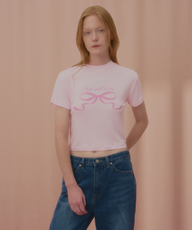 ラブリボンクロップ半袖Tシャツピンク