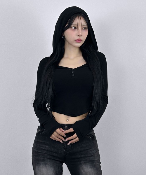 FOLLOWIN(フォロウィン)の「フーディーシースルーライクショートトップス(Tシャツ/カットソー・レディース・アイボリー/チャコールグレー/ブラック・FREE)」の13枚目の写真