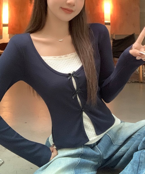 Nia(ニア)/レイヤード風リボン付き長袖カットソー（Tシャツ/カットソー