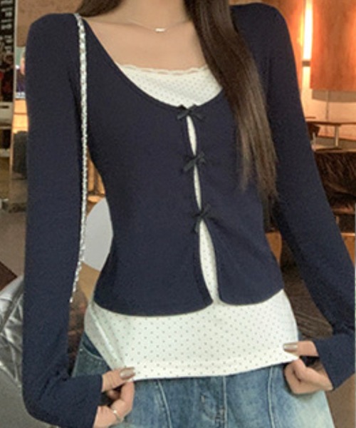 Nia(ニア)の「Nia(ニア)/ドット柄 レイヤード風リボン付き長袖カットソー(Tシャツ/カットソー・レディース・イエロー/ネイビー・FREE)」の5枚目の写真