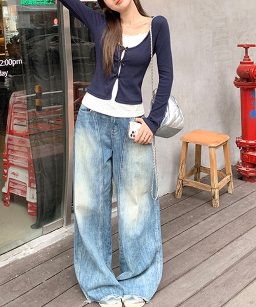 Nia(ニア)の「Nia(ニア)/ドット柄 レイヤード風リボン付き長袖カットソー(Tシャツ/カットソー・レディース・イエロー/ネイビー・FREE)」の9枚目の写真