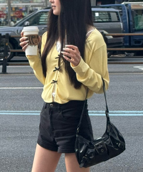 Nia(ニア)の「Nia(ニア)/ドット柄 レイヤード風リボン付き長袖カットソー(Tシャツ/カットソー・レディース・イエロー/ネイビー・FREE)」の13枚目の写真