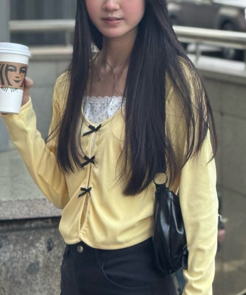 Nia(ニア)の「Nia(ニア)/ドット柄 レイヤード風リボン付き長袖カットソー(Tシャツ/カットソー・レディース・イエロー/ネイビー・FREE)」の18枚目の写真