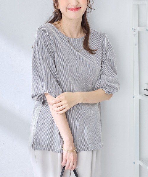 alotta(アロッタ)の「さらっと軽いストライプ袖タックブラウス(シャツ/ブラウス・レディース・グレー系/ネイビー系/ネイビー/ブルー系・M/L/LL)」の3枚目の写真