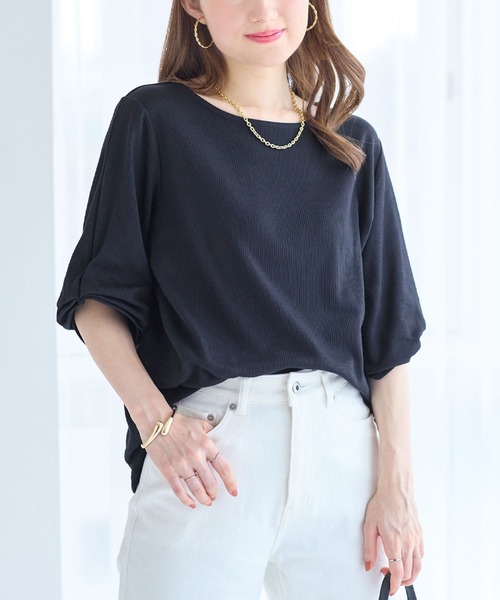 alotta(アロッタ)の「さらっと軽いストライプ袖タックブラウス(シャツ/ブラウス・レディース・グレー系/ネイビー系/ネイビー/ブルー系・M/L/LL)」の10枚目の写真