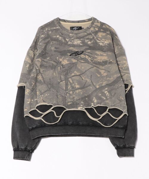 BENDER TOKYO(ベンダートウキョウ)の「【P.N UNDERGROUND】レイヤードダメージ ショート丈 裏毛 クルーネック スウェット(スウェット・メンズ・カモフラージュ/ブラック・M/L)」の4枚目の写真