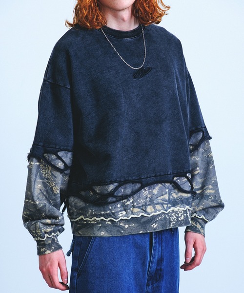 BENDER TOKYO(ベンダートウキョウ)の「【P.N UNDERGROUND】レイヤードダメージ ショート丈 裏毛 クルーネック スウェット(スウェット・メンズ・カモフラージュ/ブラック・M/L)」の7枚目の写真