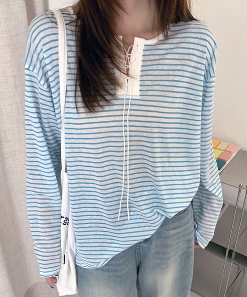 lulufa(ルルファ)の「ボーダーレースアップ ヘンリーネック ルーズシアーロンT(Tシャツ/カットソー・レディース・ブルー/ブラック/イエロー・FREE)」の8枚目の写真