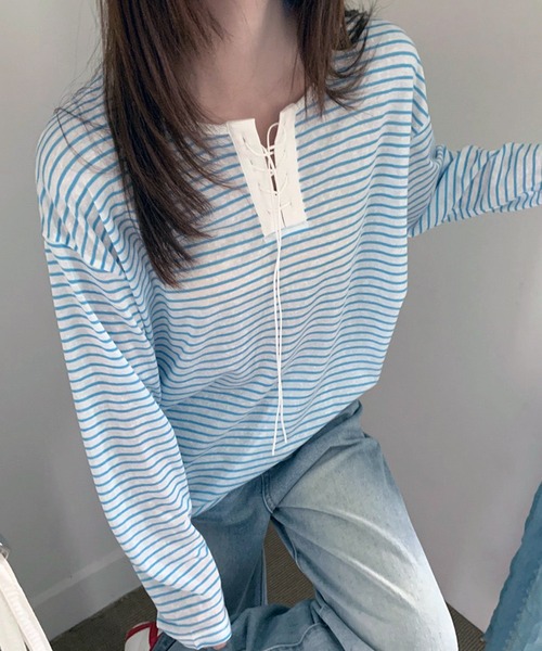 lulufa(ルルファ)の「ボーダーレースアップ ヘンリーネック ルーズシアーロンT(Tシャツ/カットソー・レディース・ブルー/ブラック/イエロー・FREE)」の9枚目の写真