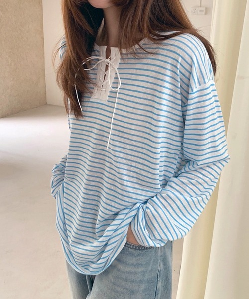 lulufa(ルルファ)の「ボーダーレースアップ ヘンリーネック ルーズシアーロンT(Tシャツ/カットソー・レディース・ブルー/ブラック/イエロー・FREE)」の10枚目の写真