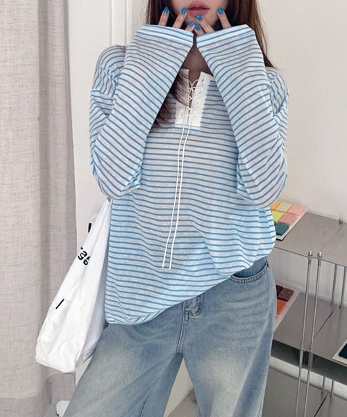 lulufa(ルルファ)の「ボーダーレースアップ ヘンリーネック ルーズシアーロンT(Tシャツ/カットソー・レディース・ブルー/ブラック/イエロー・FREE)」の11枚目の写真