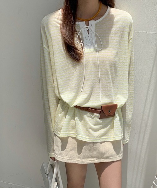 lulufa(ルルファ)の「ボーダーレースアップ ヘンリーネック ルーズシアーロンT(Tシャツ/カットソー・レディース・ブルー/ブラック/イエロー・FREE)」の13枚目の写真