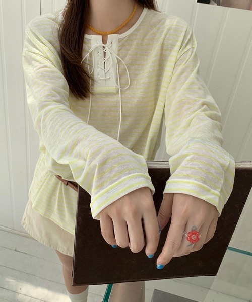 lulufa(ルルファ)の「ボーダーレースアップ ヘンリーネック ルーズシアーロンT(Tシャツ/カットソー・レディース・ブルー/ブラック/イエロー・FREE)」の14枚目の写真