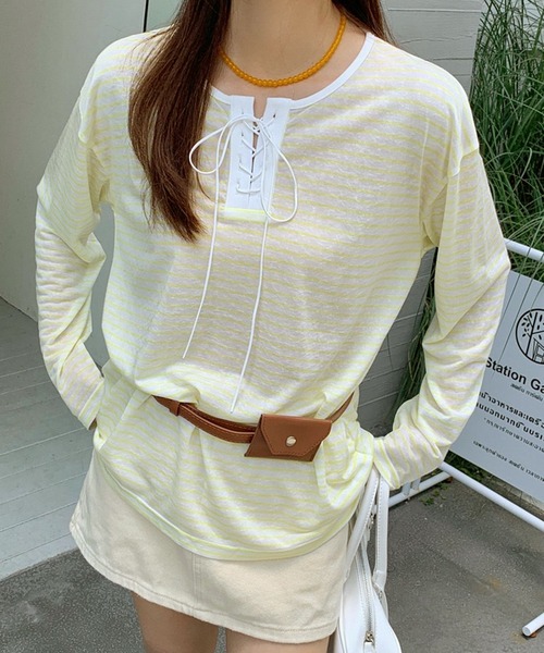 lulufa(ルルファ)の「ボーダーレースアップ ヘンリーネック ルーズシアーロンT(Tシャツ/カットソー・レディース・ブルー/ブラック/イエロー・FREE)」の15枚目の写真