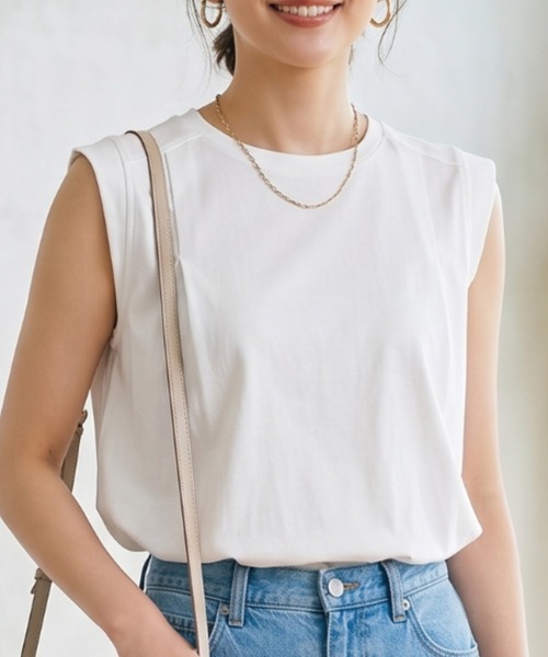 Belta attrice(ベルタアトリーチェ)の「コットン100 タックデザインノースリーブ 裾フレア カットソー/袖なし(タンクトップ・レディース・ブラック/ホワイト/ダークネイビー・M/L)」の1枚目の写真